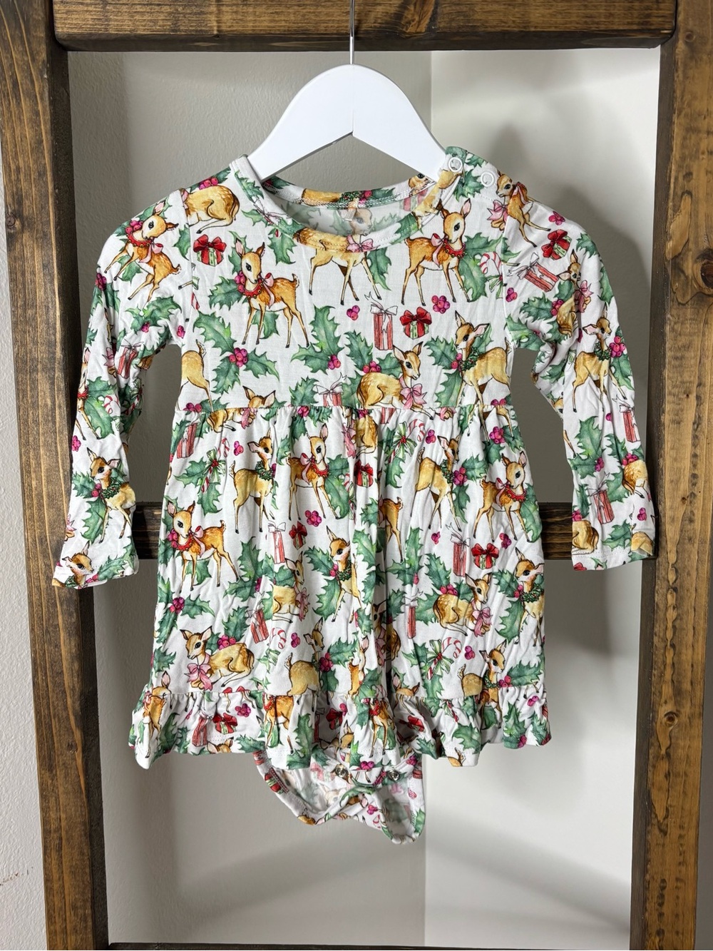Posh Peanut Baby Deer Christmas Print Long Sleeve Dress Bodysuit Size 18/24M